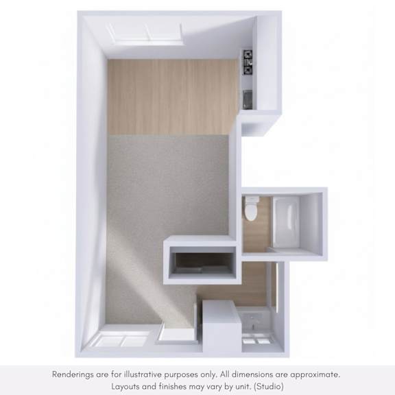 A 3D rendered image of a bathroom with a toilet, sink, and mirror.