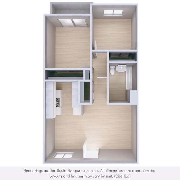 A 3D rendering of a modern, minimalist apartment layout.