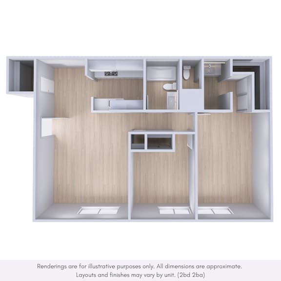 A 3D rendered image of a house layout.