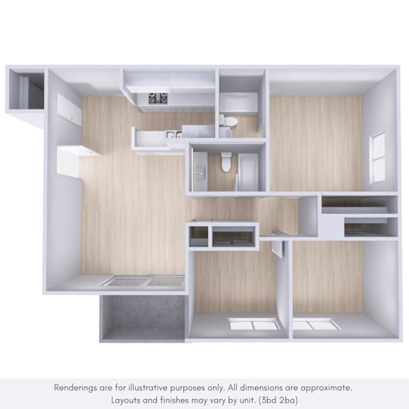 A 3D rendering of a small, modern apartment layout.