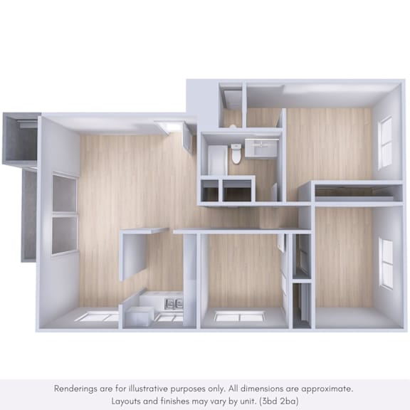 A 3D rendering of a house layout with multiple rooms and furniture.