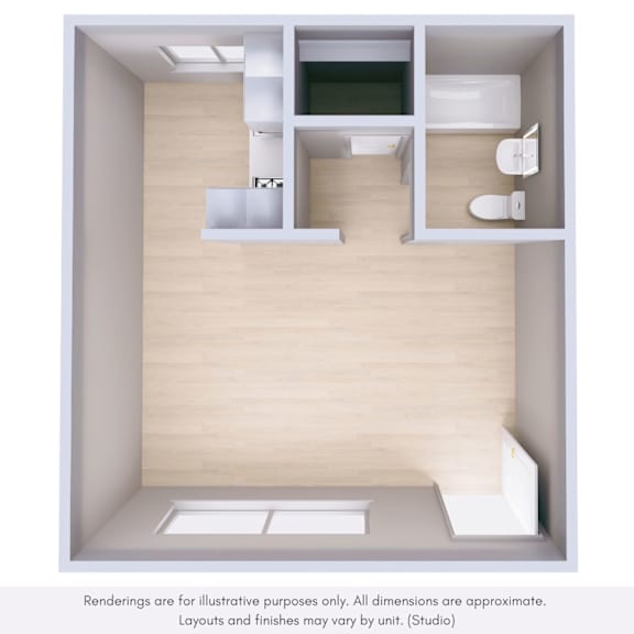 A 3D rendering of a small, modern bathroom with a toilet, sink, and mirror.