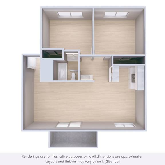 A 3D rendering of a small, modern apartment with a kitchen, living room, and bathroom.