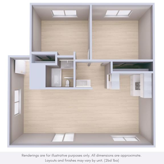 A 3D rendered image of a small, modern apartment layout.