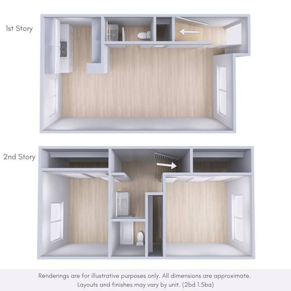 Two images of a room with different layouts and finishes.