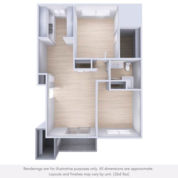 A 3D rendering of a house layout with wood paneling and white walls.