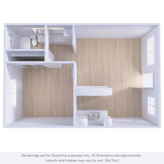 A 3D rendering of a modern, minimalist interior with wooden walls and white furniture.