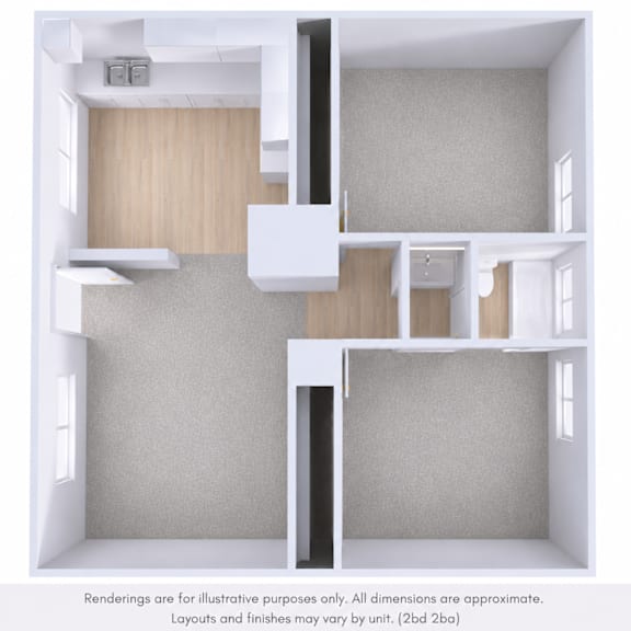 A 3D rendering of a modern, minimalist interior design.