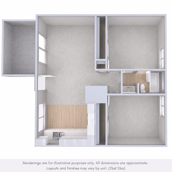 A 3D rendering of a white room with a wooden floor and a window.