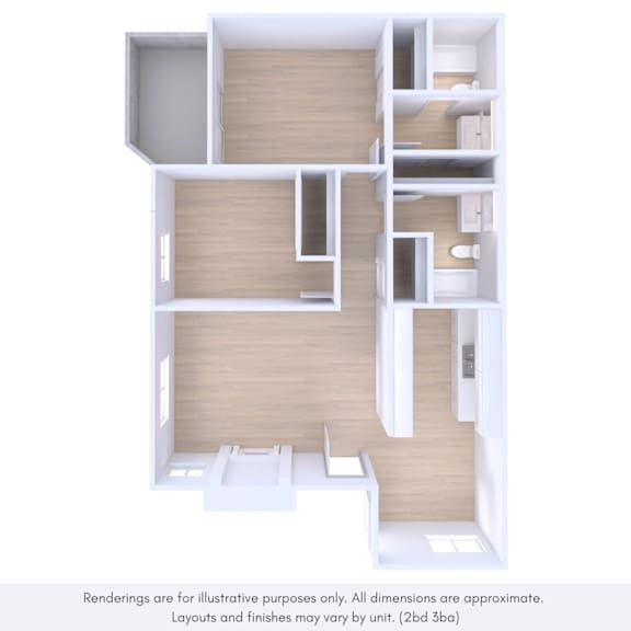 A 3D rendering of a modern apartment layout with a kitchen, living room, and bedrooms.