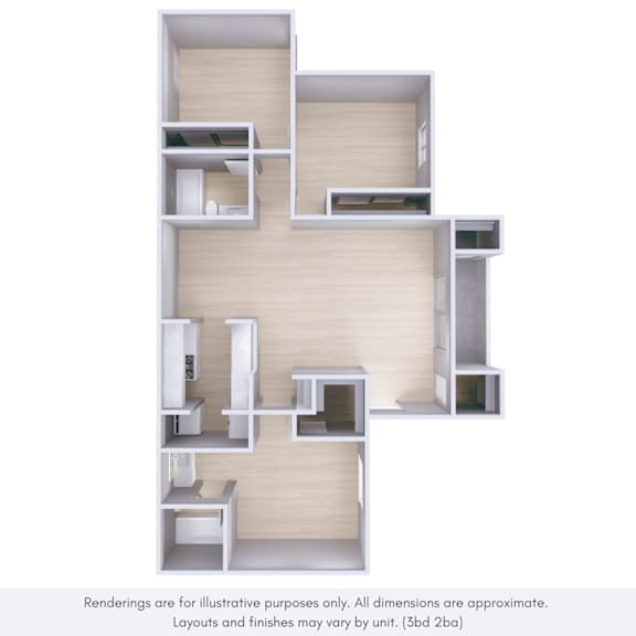A 3D rendering of a modern apartment layout with various rooms and furniture.