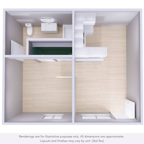 A rendering of a modern, minimalist bathroom with a toilet, sink, and mirror.