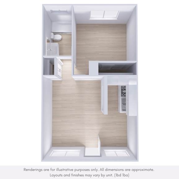 A 3D rendering of a modern, minimalist apartment layout.