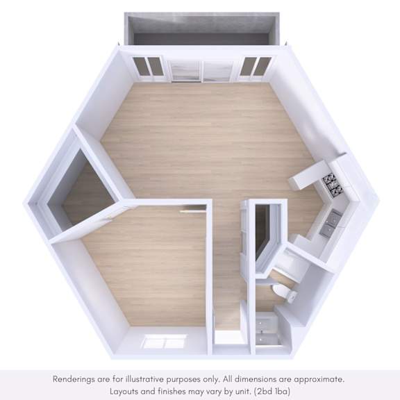 A top-down view of a house interior with a kitchen, living room, and one bedrooms.