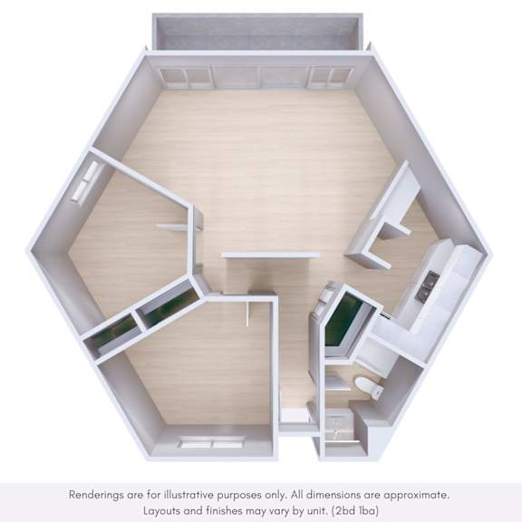 A top-down view of a hexagonal room with a kitchen area and a living room.