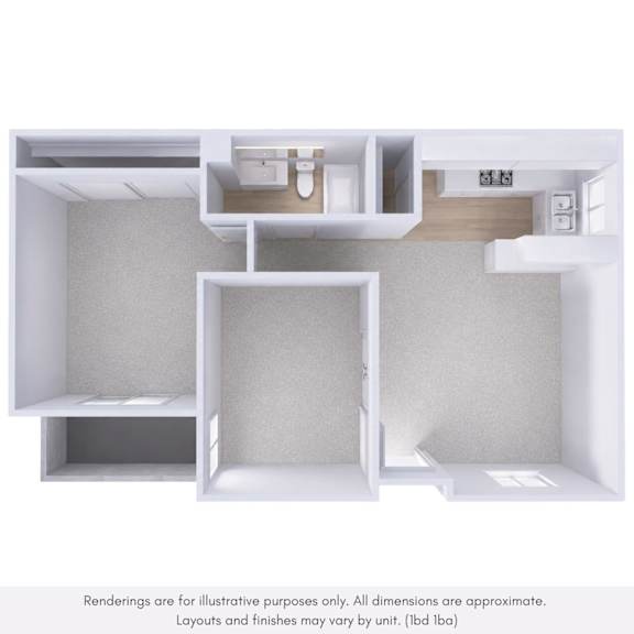 A white interior design rendering of a room with a kitchen area.