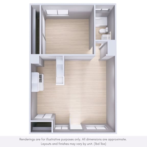 A 3D rendering of a modern, minimalist interior design with a kitchen, living room, and bathroom.