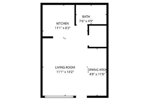 A floor plan of a room with a kitchen, living room, bathroom and dining area.