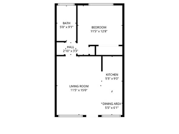 A floor plan of a house with a living room, dining area, kitchen, bedroom and bathroom.
