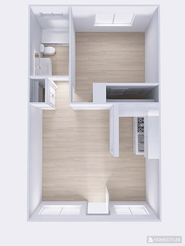 A white floor plan of a small apartment with a kitchen, living room, and bathroom.
