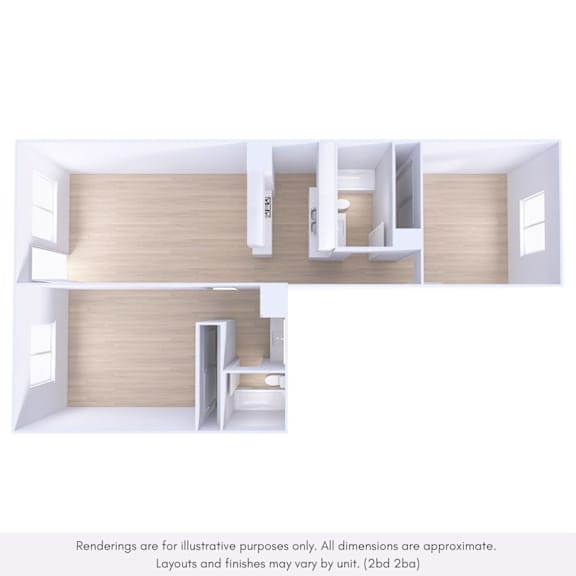 A rendering of a house with two bedrooms and a living area.