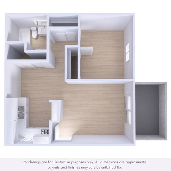 A 3D rendering of a modern, minimalist interior design with wooden walls and white accents.