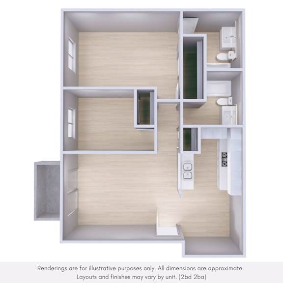 A 3D rendering of a house layout with a kitchen, living room, and bathroom.