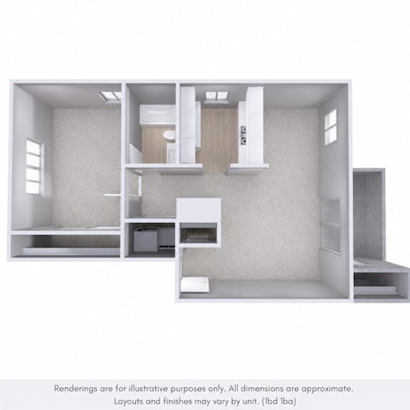 A 3D rendering of a modern kitchen and living room.