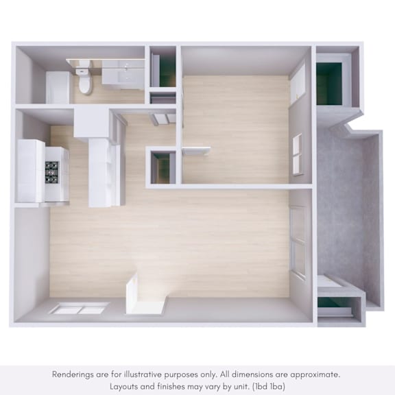 A 3D rendered image of a modern, minimalist bathroom.