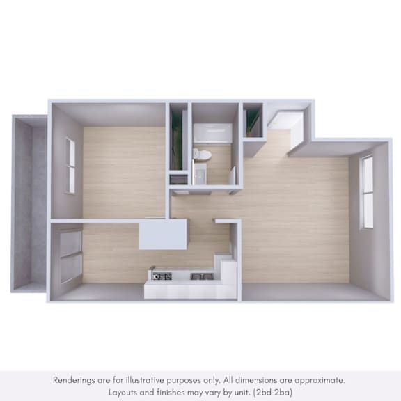 A 3D rendering of a house layout with a kitchen, living room, and bathroom.