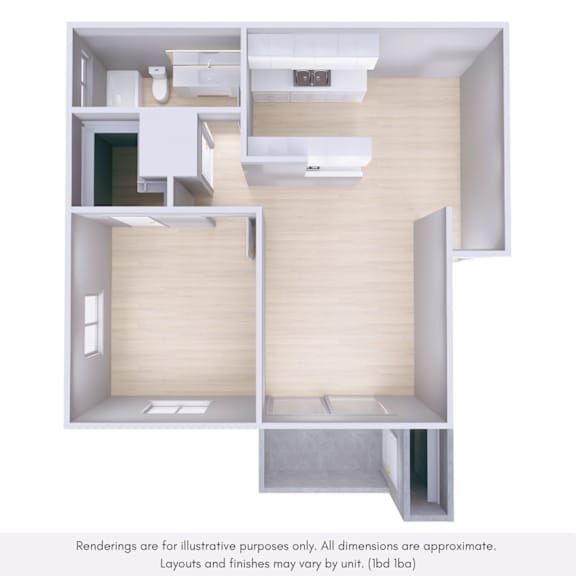 A diagram of a house layout with a kitchen, living room, and bathroom.