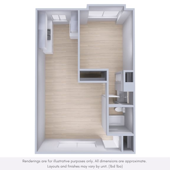 A 3D rendering of a modern interior space with wooden floors and white walls.