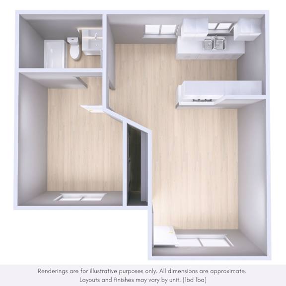 A rendering of a room with a doorway leading to another room.