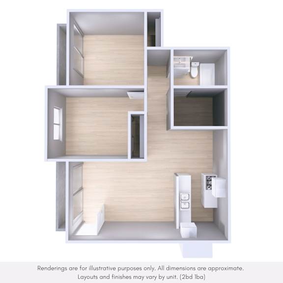 A 3D rendering of a house layout with a kitchen, living room, and bathroom.