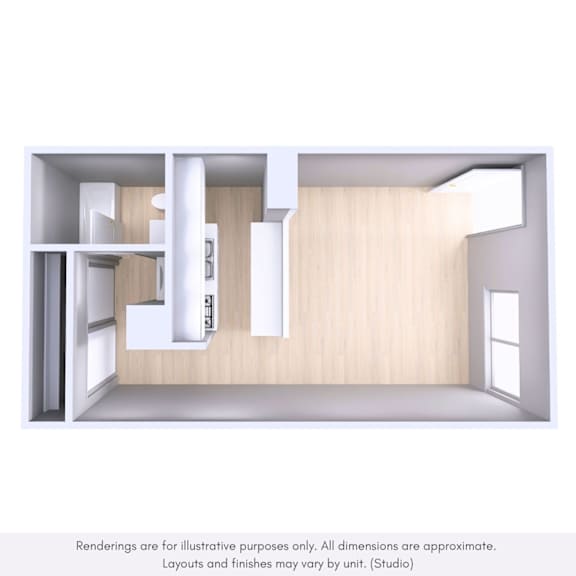 A rendering of a room with a kitchen area and a living room.