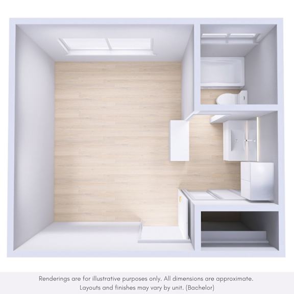 A rendering of a small, modern kitchen with a sink, stove, and cabinets.