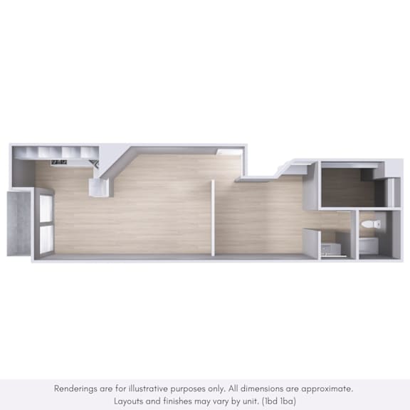 A 3D rendering of a modern interior space with a staircase and a kitchen area.