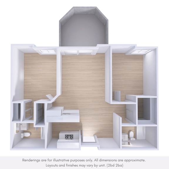A 3D rendering of a modern, minimalist room with a kitchen area.