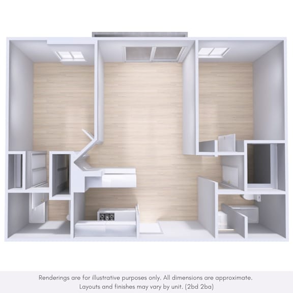 A 3D rendering of a modern, minimalist room with a kitchen area.