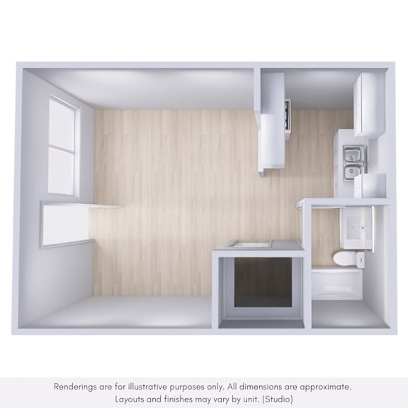 A rendering of a modern kitchen with a sink, stove, and cabinets.