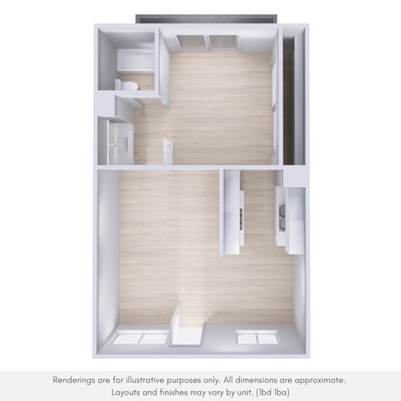 A floor plan of a small apartment with a kitchen, living room, and bathroom.
