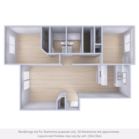 A 3D rendering of a small, modern apartment with a kitchen and living room.