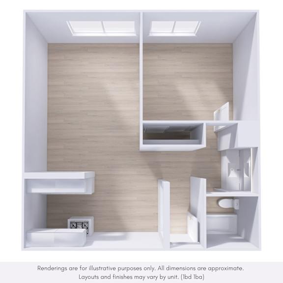 A rendering of a modern, minimalist room with a skylight, built-in shelves, and a small desk.