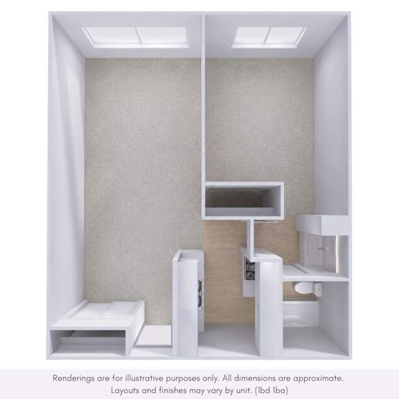 A 3D rendered image of a small, white room with a desk and a bench.