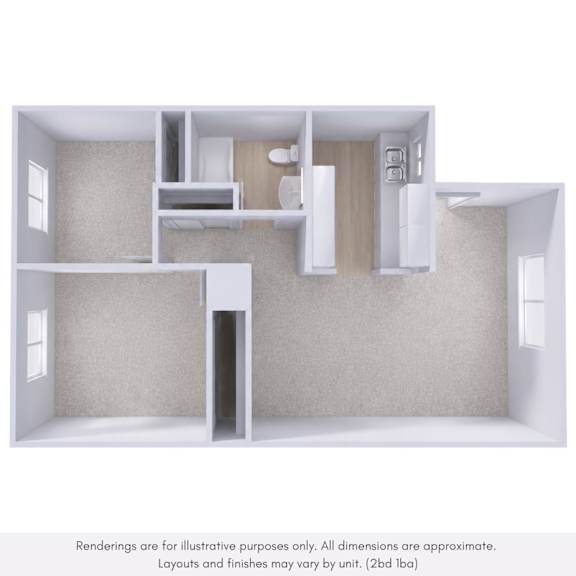 A 3D rendering of a house layout with a kitchen, living room, and bathroom.