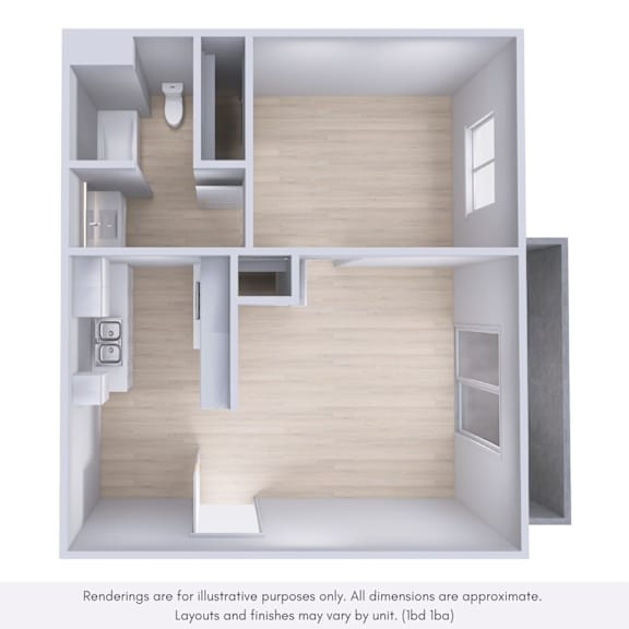 A 3D rendering of a modern apartment layout with a kitchen, living room, and bathroom.