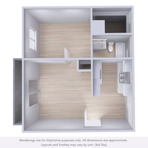 A 3D rendered image of a small apartment layout.