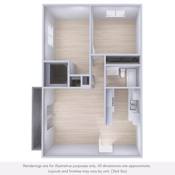A 3D rendering of a house layout with a kitchen, living room, and bathroom.