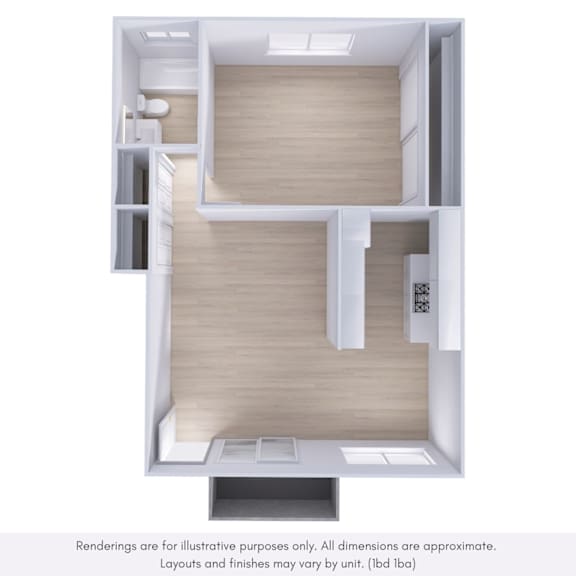 A 3D rendering of a room with a kitchen area and a bathroom.