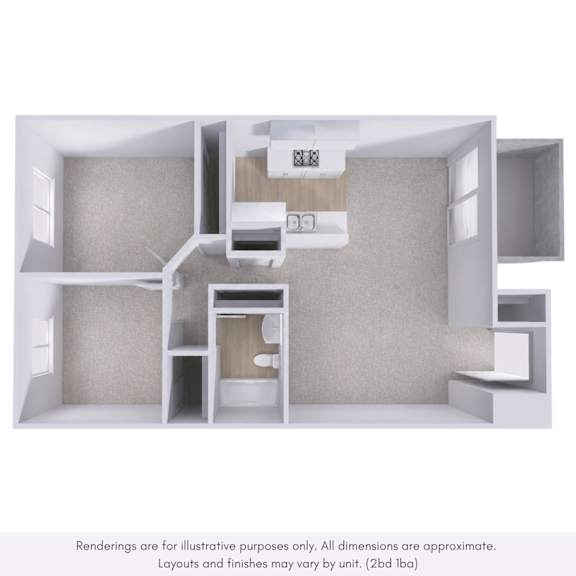 A 3D rendering of a small, modern apartment with a kitchen, living room, and bathroom.